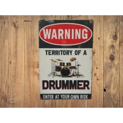 Wandschild Metallwandschild "WARNING Territory of a drummer" - Mancave - Wanddekoration -