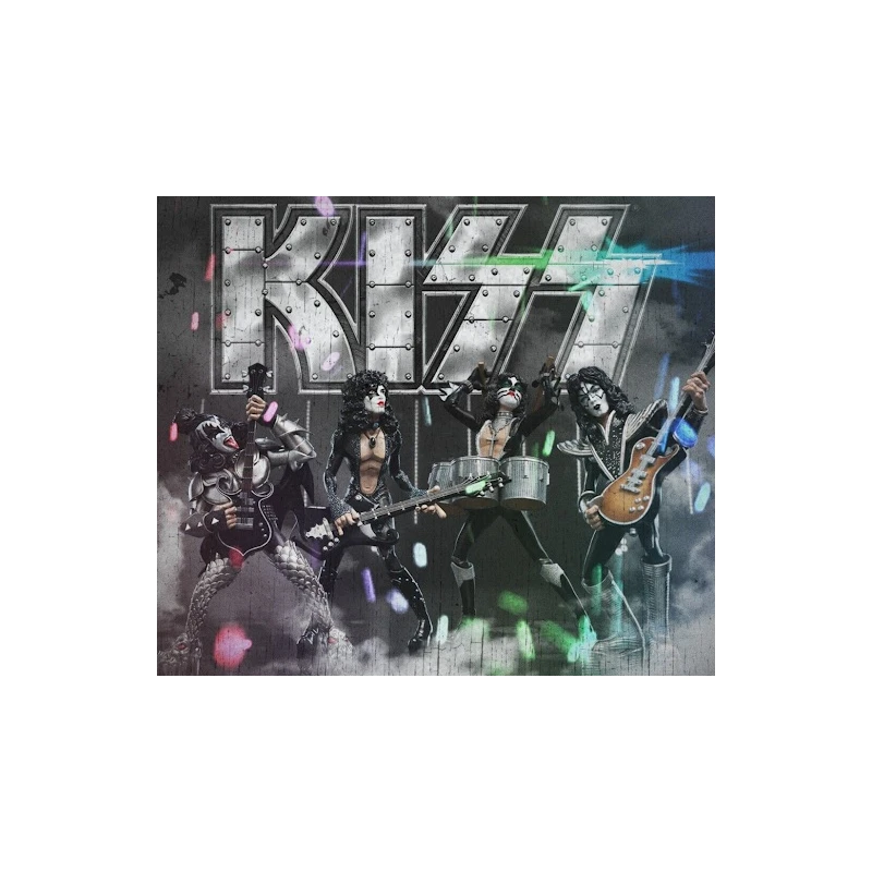 Rock-Actionfiguren KISS (Gene, Paul, Ace und Peter) + Instrumente