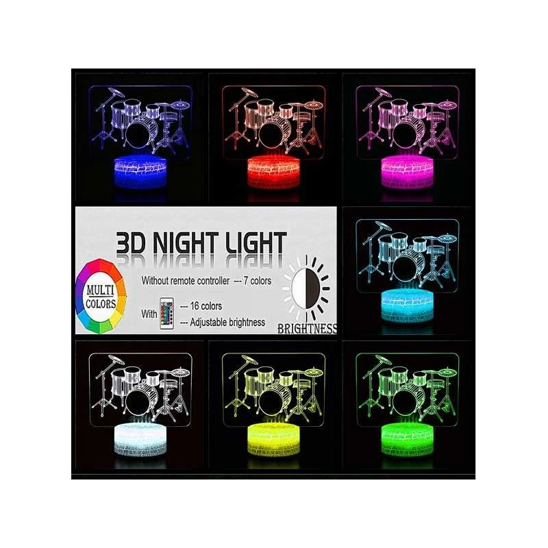 LED 3D lamp Akoestisch Drumstel (7 kleuren instelbaar) met remote control/ afstandsbediening